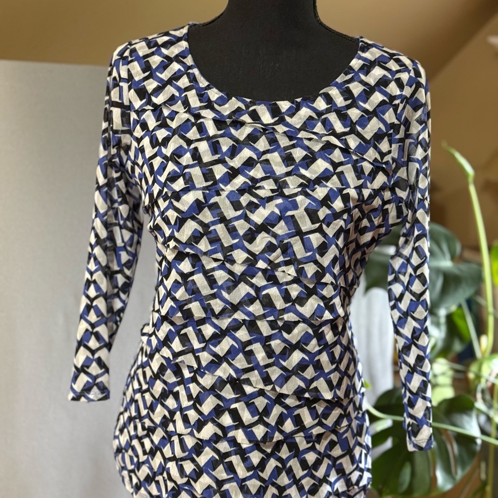 Alfani Blue and White Geometric Blouse